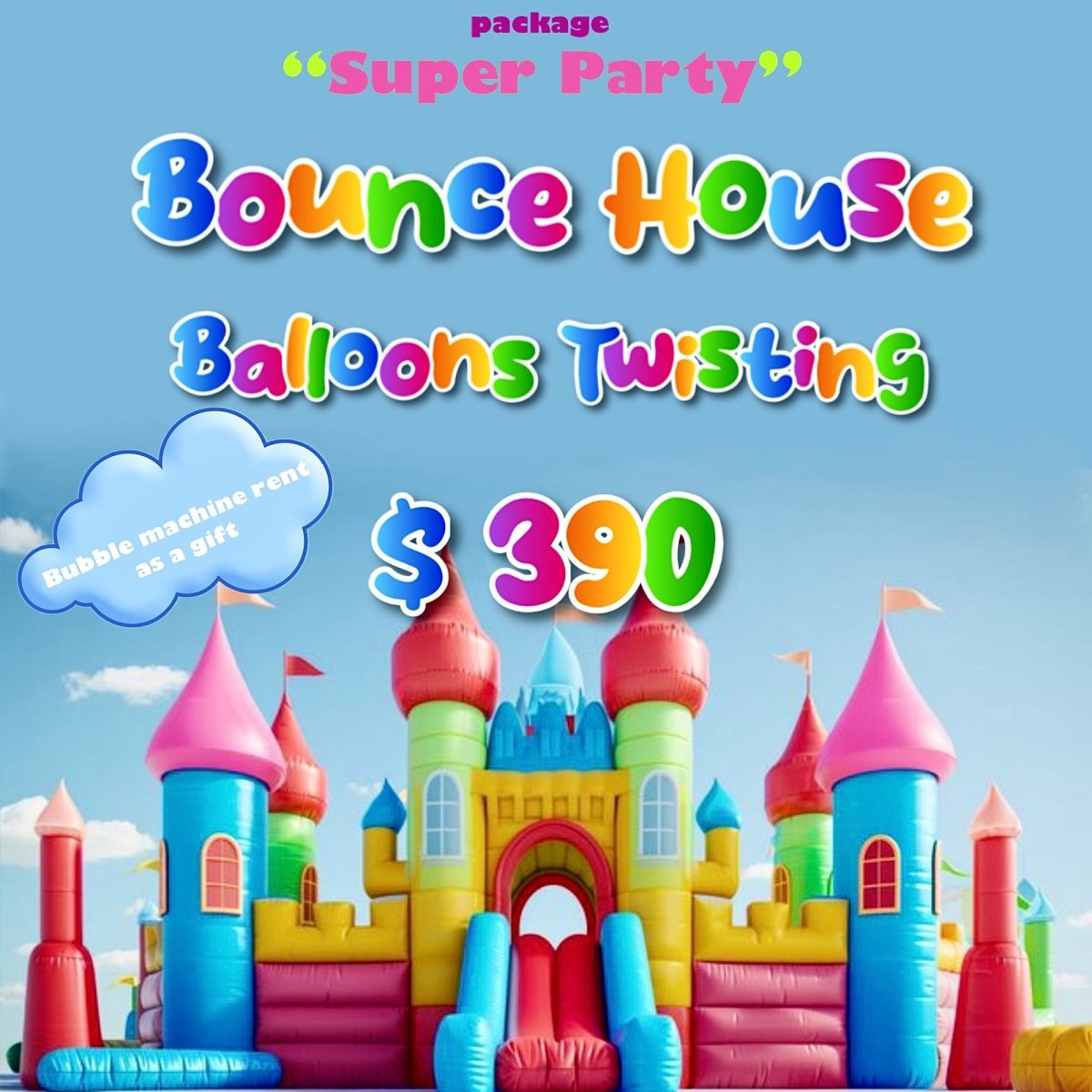 Super Party Package: Bounce House, Balloon Twisting & FREE Bubble Machine Rental for kids parties in Miami | My Store