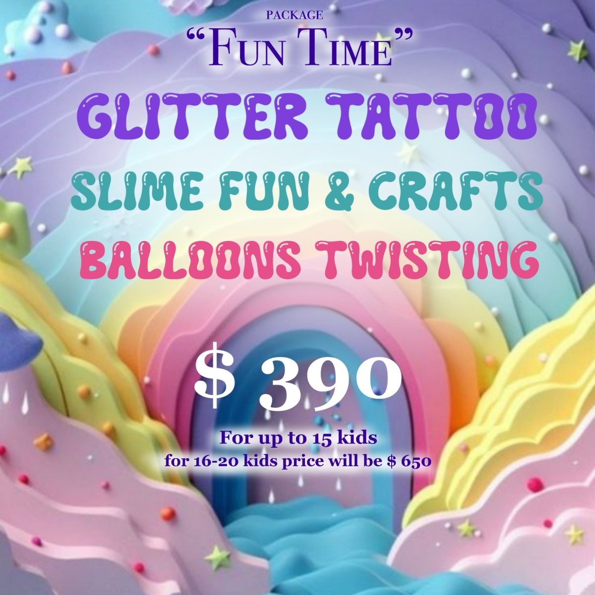 Miami Kids Party Package "Fun Time" - Glitter Tattoos, Slime & Balloons for kids parties in Miami | My Store