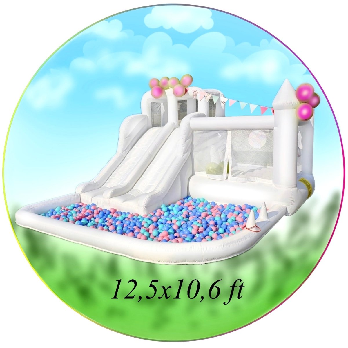 White Inflatable Bouncer with Double Slide & Large Ball Pit 12.5x10.6 ft for kids parties in Miami | Macarena Party