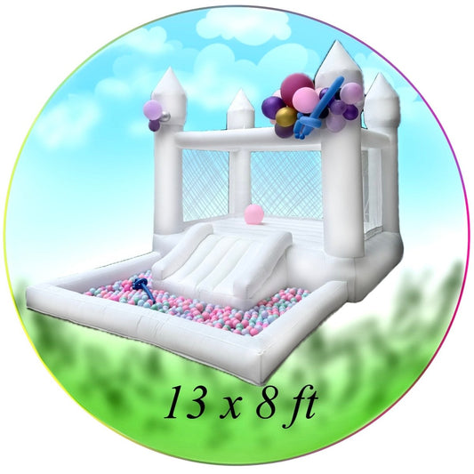 White Bounce House with Slide & Ball Pit 13x8 ft – Miami Rental for kids parties in Miami | Macarena Party