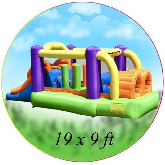 Multi - Color Adventure Bounce House with Double Slide & Obstacles 19x9 ft for kids parties in Miami | Macarena Party