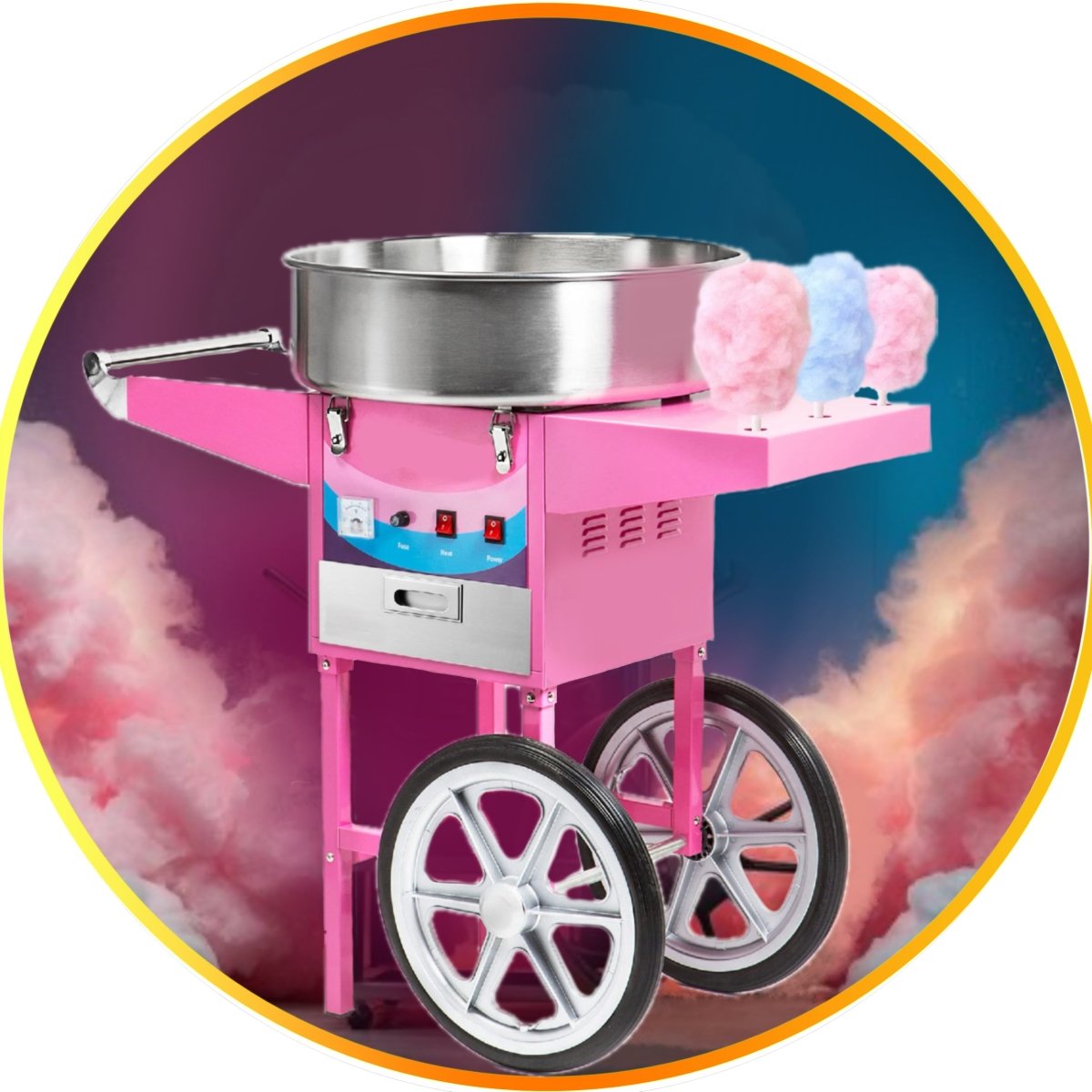 Professional pink cotton candy machine on a vintage cart for party rentals in Miami | Macarena Party