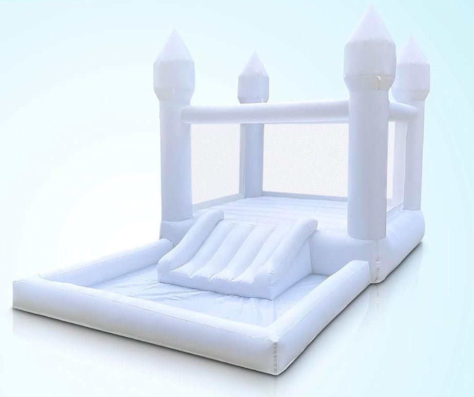 White Bounce House with Slide & Ball Pit 13x8 ft – Miami Rental for kids parties in Miami | Macarena Party