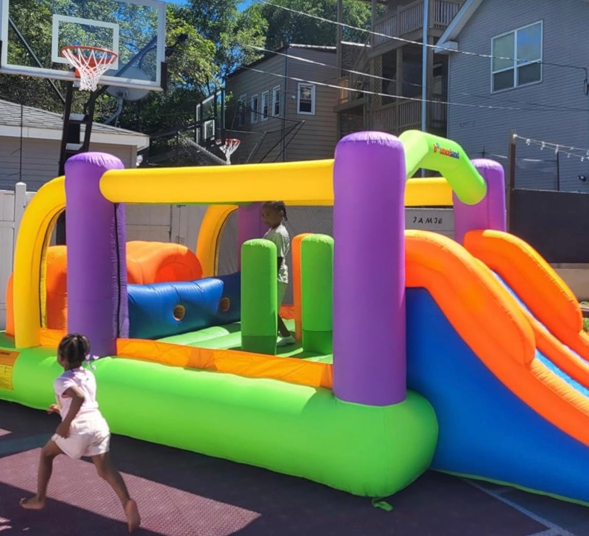 Multi - Color Adventure Bounce House with Double Slide & Obstacles 19x9 ft for kids parties in Miami | Macarena Party