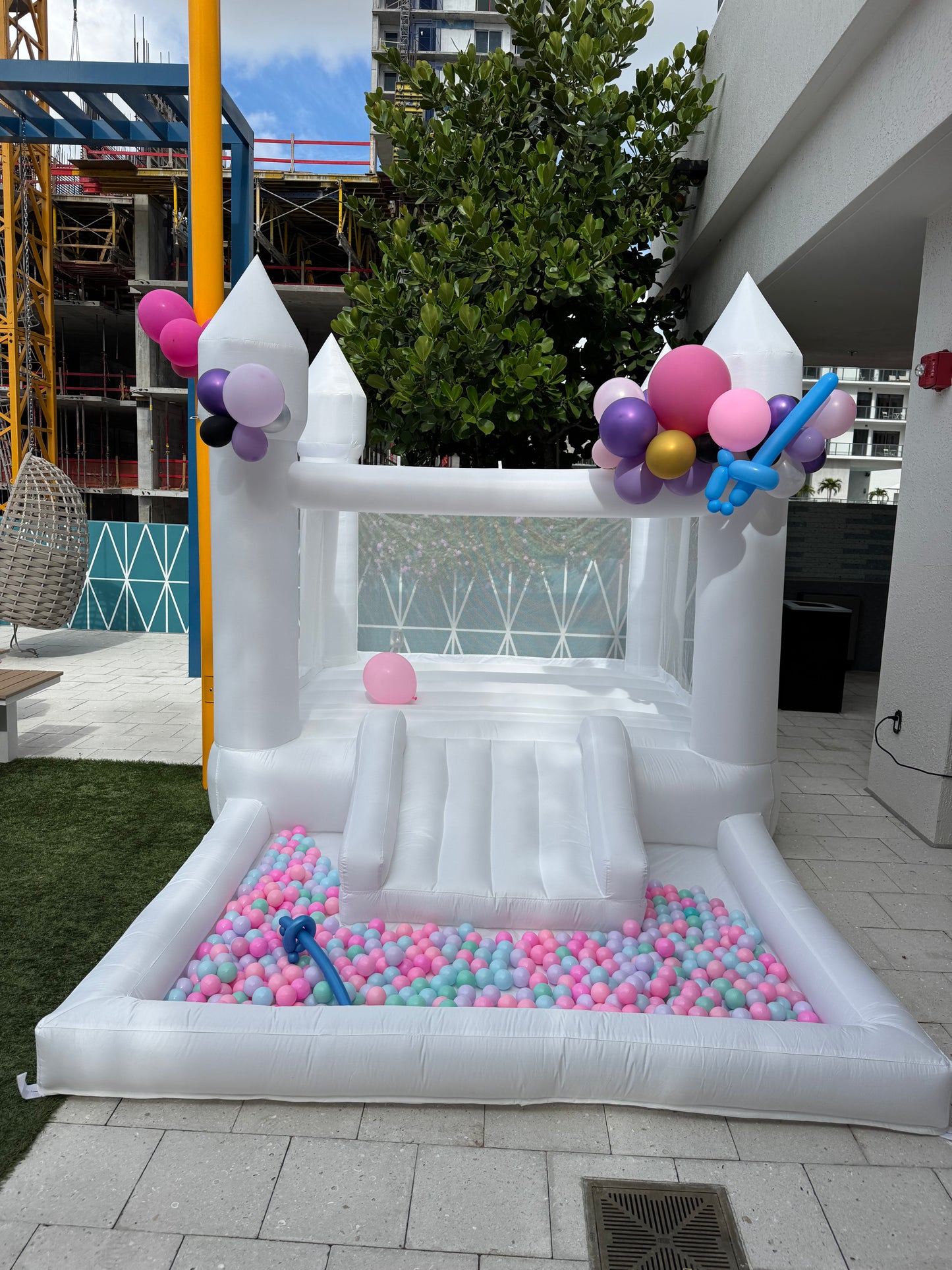 White Bounce House with Slide & Ball Pit 13x8 ft – Miami Rental